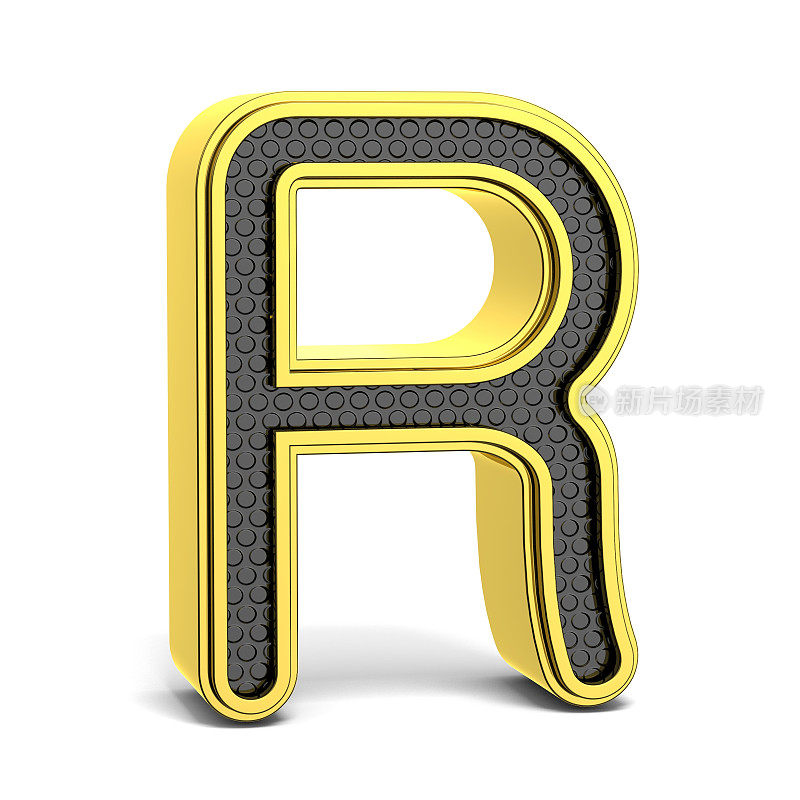 金色和黑色圆形字母表。字母r . 3 d